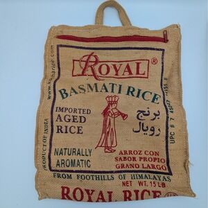 Royal Basmati Rice Burlap Tote Bag Upcycled Jute Sack Zipper Top Boho Handbag